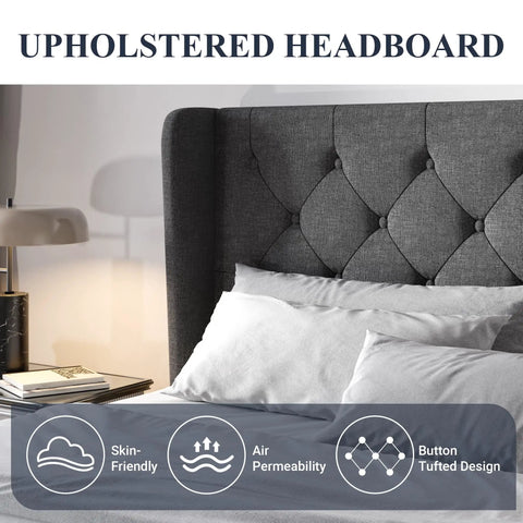 Close-up of Modern Queen Bed Frame with Sturdy Button Tufted Wingback Headboard in Cool Dark Grey, showcasing comfortable design.