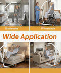 Premium Electric Patient Lift With Ergonomic Breathable Slings in bathroom and wheelchair settings, showcasing versatile use.