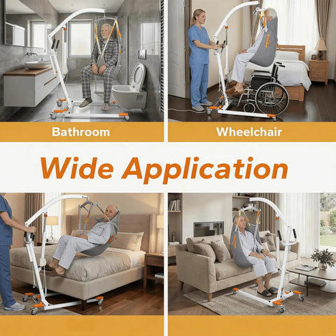 Premium Electric Patient Lift With Ergonomic Breathable Slings in bathroom and wheelchair settings, showcasing versatile use.
