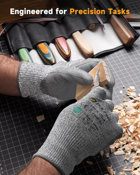 ANSI A3 Cut Resistant Work Gloves With Grippy PU Coating For Men And Women, Heavy Duty Grip, shown in woodworking use, Size Large