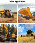 Hydraulic quick-connect adapter set collage showing tractors, excavator, loader, and combine harvester in fields