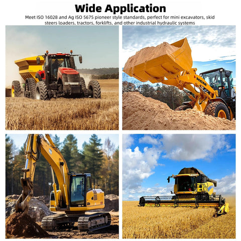 Hydraulic quick-connect adapter set collage showing tractors, excavator, loader, and combine harvester in fields