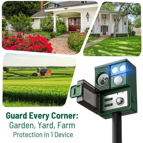 2 Packs Upgraded Ultrasonic Animal Repeller for Outdoor Yard and Lawn Solar Powered Deer and Cat Deterrent with images of gardens and farms