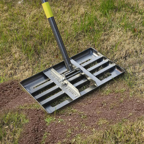 Heavy Duty Lawn Leveling Rake With Extra Long 60 Inch Handle And 18 By 10 Inch Ground Plate For Easy Soil Leveling