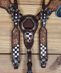 Top Shelf Western Leather Horse Tack Set Bringing The Boss Vibe To Every Ride With A Custom Headstall And Breast Collar Hand Carved With Vibrant Floral Patterns And Durable Antique Copper Hardware, featuring detailed floral carvings and checkered design.