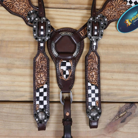 Top Shelf Western Leather Horse Tack Set Bringing The Boss Vibe To Every Ride With A Custom Headstall And Breast Collar Hand Carved With Vibrant Floral Patterns And Durable Antique Copper Hardware, featuring detailed floral carvings and checkered design.