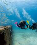 Divers using G2 Wrist Dive Computer and Transmitter Bundle with Hoseless Air Integration underwater near a reef with fish