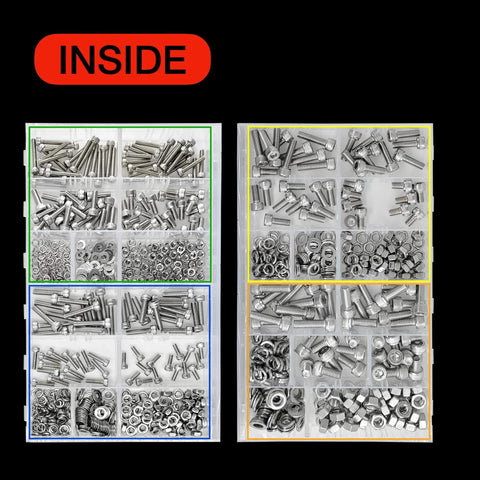 Metric Bolt And Screw Assortment Kit 880Pcs with hex socket screws, nuts, washers in 304 stainless steel, foldable organizer box