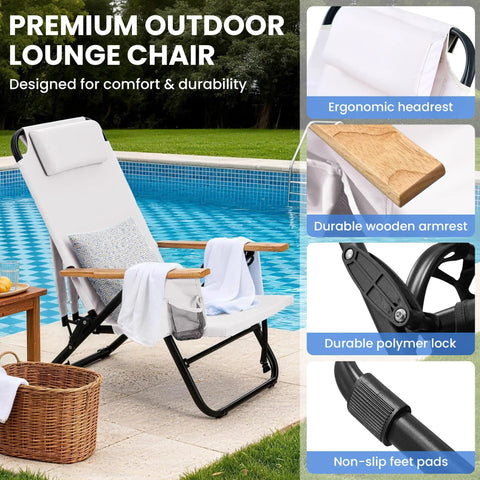 Premium Portable Camping Chair With 5-Position Recliner by a pool, featuring wooden armrests and headrest, cream white color