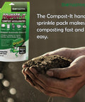 Compost Accelerator Starter 100g Spout Pack For All Composting Systems in hands with soil, promoting fast composting.