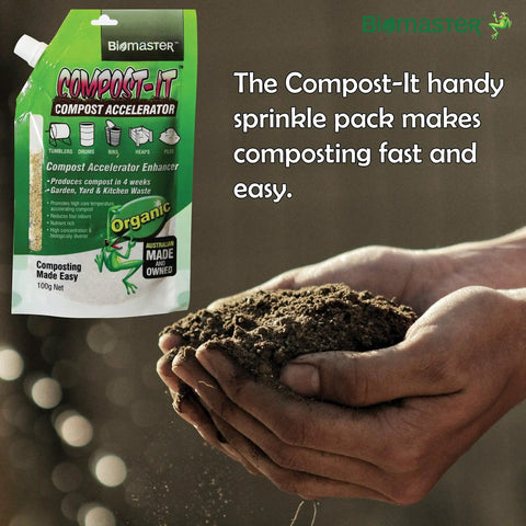 Compost Accelerator Starter 100g Spout Pack For All Composting Systems in hands with soil, promoting fast composting.