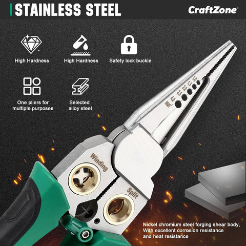 Stainless steel Eight In One Wire Stripper With Voltage Tester For DIY Electricians showcasing pliers and features.