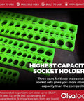 Magnetic Socket Organizer For One Quarter, Three Eighths And One Half Inch Drive SAE Sockets, Holds Up To One Hundred Twenty Three Sockets, Green Gearhead Must Have For A Clean, Streamlined Workshop; green socket organizer with labeled holes