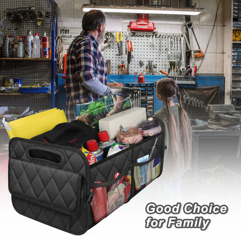 Car Trunk Organizer With Six Big Pockets Waterproof 600D Polyester Storage For SUV Minivan And Truck Durable Cargo Organizer For Back Trunk And Cargo Large Black in a workshop setting