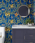 Bathroom with Vintage Bird Peel and Stick Wallpaper in Blue Floral Pattern on wall, William Morris inspired design.