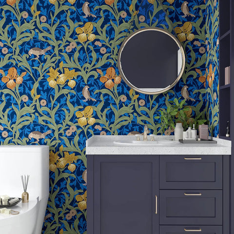 Bathroom with Vintage Bird Peel and Stick Wallpaper in Blue Floral Pattern on wall, William Morris inspired design.