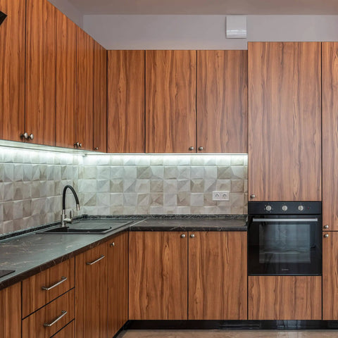 Modern kitchen with wooden cabinets featuring vintage retro brass cabinet knobs set of 6 zinc alloy pulls for bedroom and kitchen.