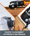 20V Cordless Multi Tool With Variable Speed And Adjustable Angles cutting wood, scraping, and sanding in action.