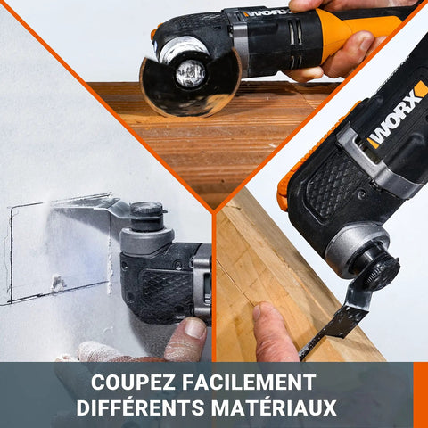 20V Cordless Multi Tool With Variable Speed And Adjustable Angles cutting wood, scraping, and sanding in action.