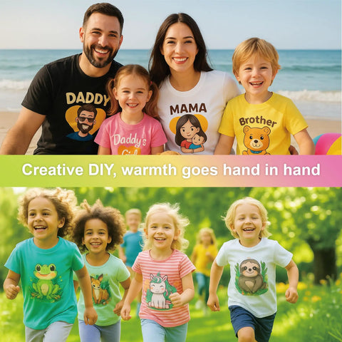 Children wearing T-shirts with printed designs, using Dark Fabric Iron On Transfer Paper Set Of Thirty Sheets Eight Point Five By Eleven Inch Printable Vinyl For Inkjet And Laser Printers Washable Durable Tee Transfers For DIYers And Custom Designs. Families enjoying DIY fashion outdoors.