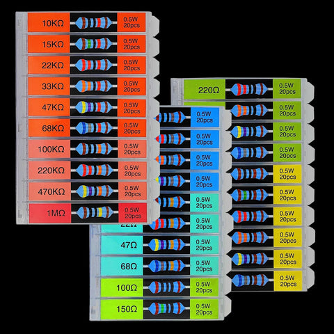 Resistor assortment kit, front view: metal-film resistors in plastic organizer, 600 pcs, 30 values, 0.5W, 1%