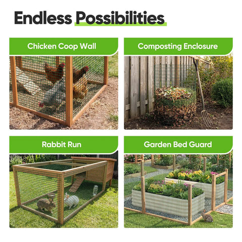 1 Inch Hardware Cloth Roll For Chicken Coops 40 Inch Wide By 50 Feet 20 Gauge Dark Green Vinyl Coated Wire Mesh Predator Proof Poultry Fence And Garden Netting With Heavy Duty Zip Ties in various uses including chicken coop, rabbit run, composting enclosure, and garden bed guard.