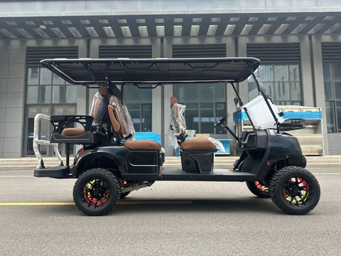 2026 Model 4 Plus 2 Seater Electric Golf Cart With 48V Lithium Ion Battery Long Range And 14 Inch Off Road Tires Solid Black side view with brown seats