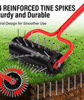 Heavy Duty Rolling Lawn Aerator With Upgraded 54 Pre Attached Spikes showing close-up of tines on soil surface.