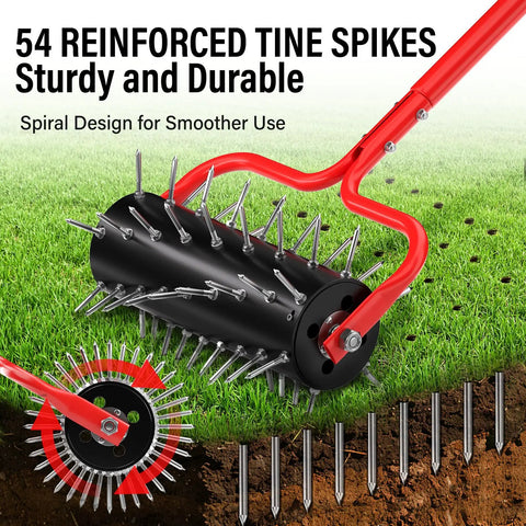 Heavy Duty Rolling Lawn Aerator With Upgraded 54 Pre Attached Spikes showing close-up of tines on soil surface.