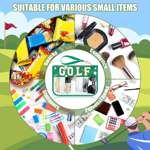 Clear PVC Golf Makeup Bag With Chenille Letter Patch For Her Crew Preppy Style Waterproof Travel Pouch, showcasing various uses.