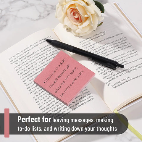 Sticky Notes Bulk Pack 3x3 Inches 12 Pads 600 Sheets Vintage Colors used as bookmark on open book with pen for quick notes