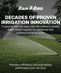 Lush green lawn with Rain Bird sprinklers providing water-smart irrigation, showcasing performance and efficiency for landscapes.