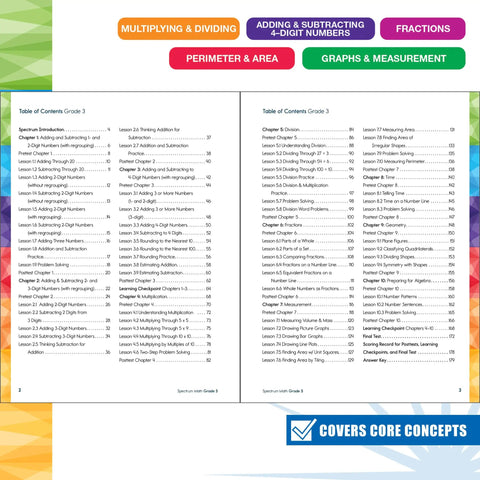 Contents page from Third Grade Math Workbook for Kids Ages 8 To 9 Master Multiplication Division Fractions Addition Subtraction.