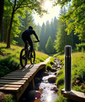 Cyclist crossing a wooden bridge in a forest with a Sturdy Steel 25.4mm Bike Seat Post For Kids Bicycles Black Finish on display