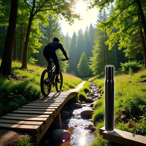 Cyclist crossing a wooden bridge in a forest with a Sturdy Steel 25.4mm Bike Seat Post For Kids Bicycles Black Finish on display