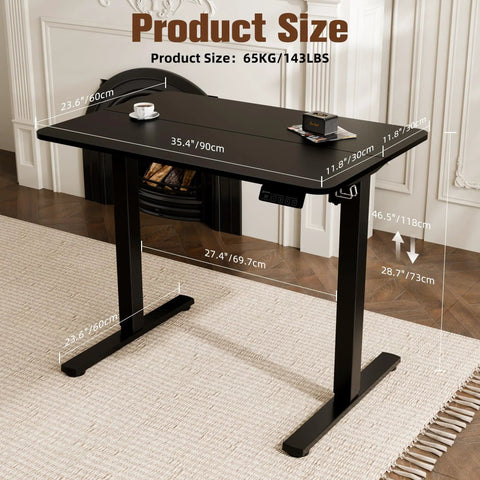 Ergo Small Standing Desk 35X24 Height Adjustable Sit Stand Home Office With Memory Buttons Spacious Black Work Surface measuring 35.4 x 23.6 inches.