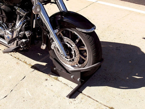 Heavy Duty Motorcycle Wheel Chock For 17 To 21 Inch Wheels, Steel Construction With Textured Semi-Gloss Black Powder Coat