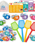 Swat The Fly Cards Math Game Set For Kids, colorful fly swatters, numbered cards, subtraction and multiplication charts.