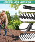 Man using 63 Inch Heavy Duty Metal Bow Rake With 17 Tines For Lawn And Garden Cleanup Leaves Debris Mulch Gravel Thatch And Landscaping Tasks