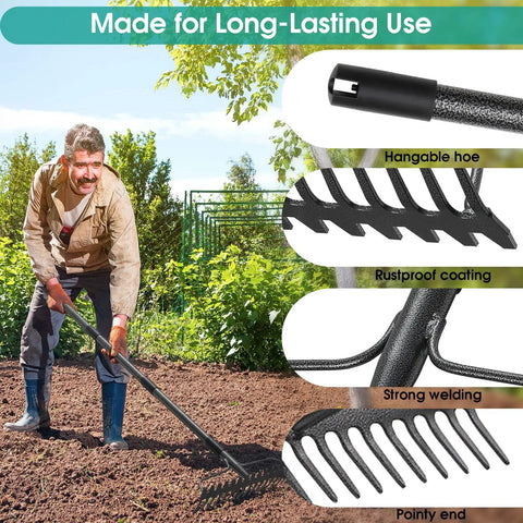 Man using 63 Inch Heavy Duty Metal Bow Rake With 17 Tines For Lawn And Garden Cleanup Leaves Debris Mulch Gravel Thatch And Landscaping Tasks