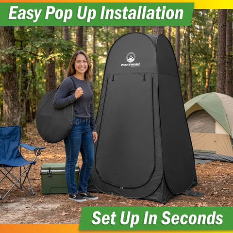 Multipurpose Privacy Pop Up Tent For Camping And Beach with easy open setup in forest, person holding carry bag