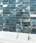 Brick Blue Porcelain Wall Tile For Bathroom Or Kitchen Backsplash with Textured Finish, 7.875x15.75 Inches, in bathroom setting
