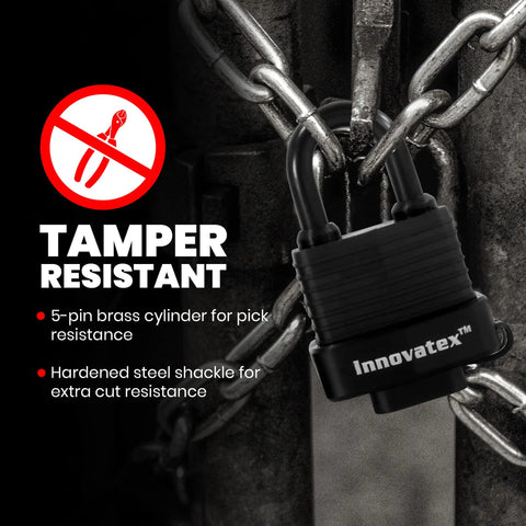 Rugged Outdoor Padlocks Keyed Alike 40mm 2-Pack in black, tamper-resistant with chains securing a metal gate.