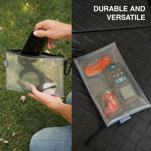 Clear Zipper Pouch Set Four Pack For Cables USB Adapters And Small Tech Gear Grab And Go Travel Organizers in use outdoors and indoors