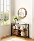 Hella Sturdy Industrial Console Table With Three Tier Open Shelving Slick Black Metal Frame And Rustic Brown Wood Top displaying flowers and books.