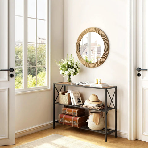 Hella Sturdy Industrial Console Table With Three Tier Open Shelving Slick Black Metal Frame And Rustic Brown Wood Top displaying flowers and books.