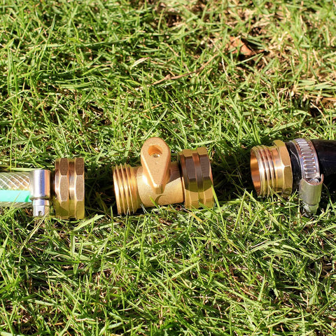Solid Brass Garden Hose Repair Kit With Stainless Steel Clamps, Male Adapter, Female Swivel Fitting, 5/8 Barb X 3/4 Female, Includes Rubber Gasket And PTFE Seal Tape, Two Sets installed on hose