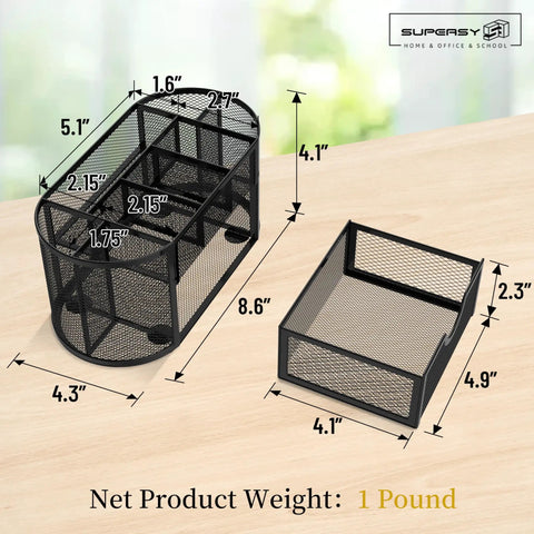 Mesh Desk Organizer With Drawers, 9 Compartments Pencil Holder For Desk, Go To Office Accessory, size dimensions shown