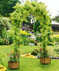 Heavy Duty Metal Garden Arch Trellis With Dual Planter Boxes For Climbing Plants In The Yard covered with green vines