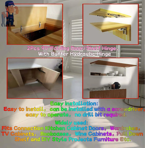 2 Pack 90 Degree Folding Door And Shelf Hinge With Buffer Hydraulic For Soft Open And One Hand Open Quiet Close Heavy Duty Pull Down Shelves Cabinets Drawers And Table Holders For DIY Furniture Projects, shown installed on cabinet.
